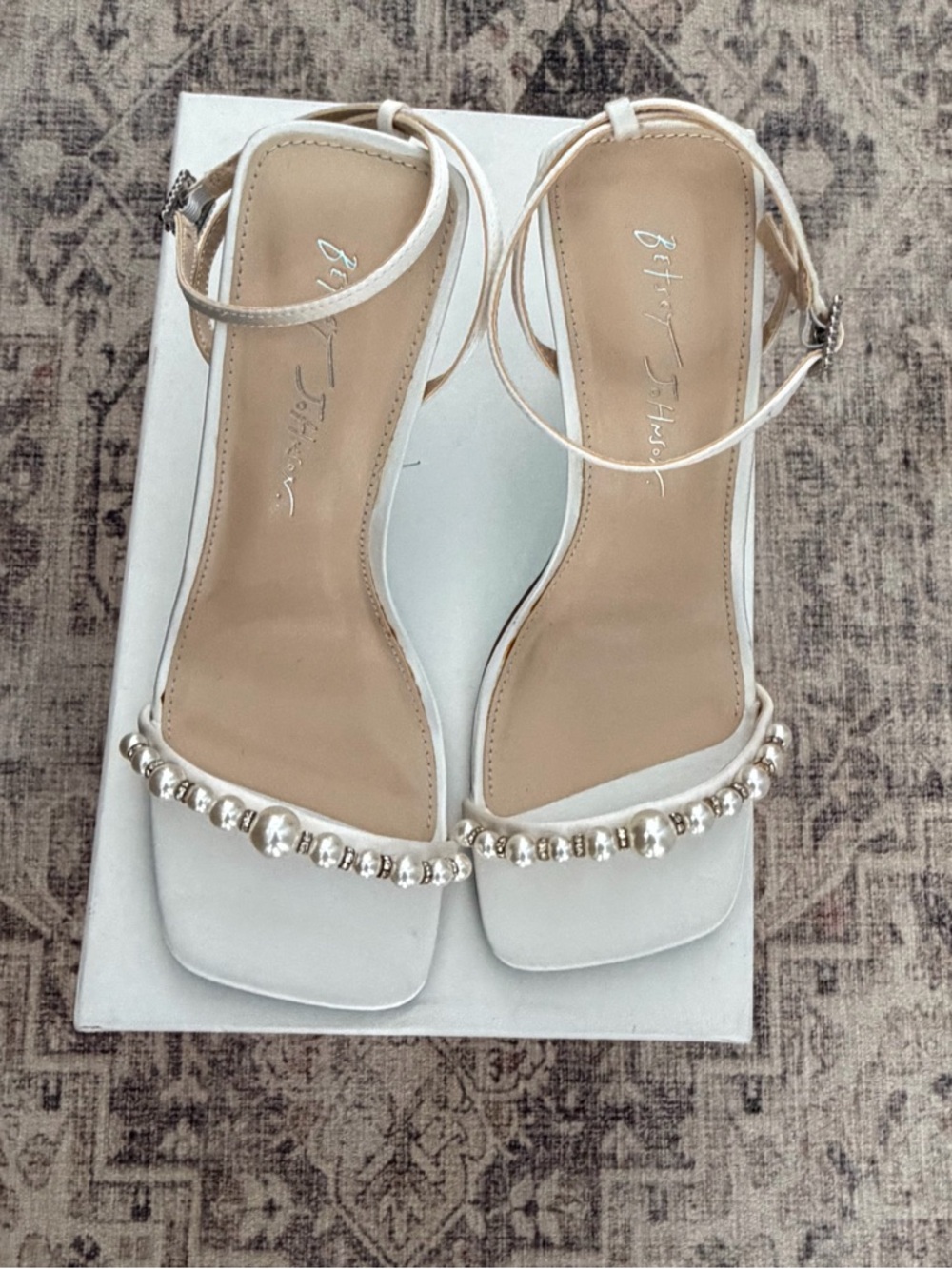 Betsey Johnson White Pearl-Embellished Ankle-Strap Sandals